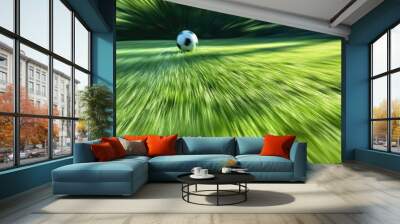 Football banner. Dynamic soccer field with vivid green grass and blurred motion of a kicking ball  Wall mural