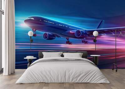 modern airplane with speed light effect, space for text. high tech transportation. fast trip. travel Wall mural