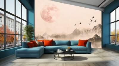 Mountain, moon and flying birds water color light brown background Wall mural