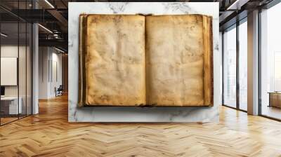 Old opened book with blank pages on white marble background. Top view. Mockup old book Wall mural