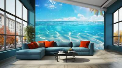 Seabed with blue tropical ocean, sunny blue sky and palm tree, empty underwater background, calm sea water. Summer beach Wall mural