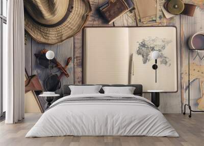 top view Open blank notebook with passport and tourist accessories on the table. travel banner. Wall mural