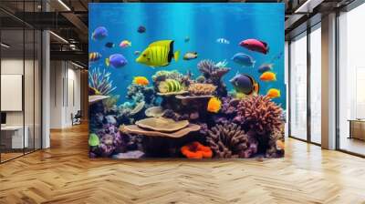 Tropical sea underwater fishes on coral reef. snorkel, diving. Aquarium oceanarium colorful marine panorama landscape nature. background wallpaper
 Wall mural