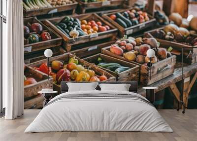 vegetable shop. organic shop farmers market, vegetarian, vegan food background. Fresh healthy vegetables in wooden boxes on table Wall mural