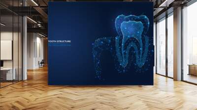 Futuristic abstract symbol tooth structure. Wireframe concept of healthy teeth, oral hygiene, dental care. Low poly geometric 3d wallpaper background vector illustration. Wall mural