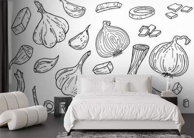 onion and garlic hand drawn illustration set Wall mural