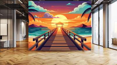 Beautiful sunset on the wooden pier at the beach Wall mural