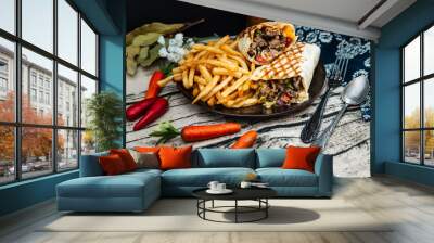 beef tacos served with golden French fries Wall mural