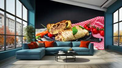 Beef tacos served with lettuce and fresh tomatoes Wall mural