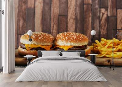 Cheese burger - American cheese burger with Golden French fries Wall mural