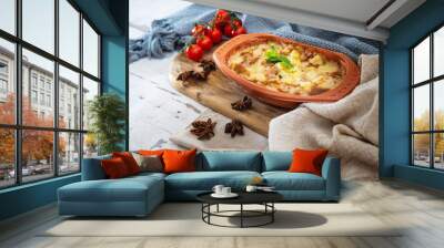 french tartiflette recipe bacon, potato and reblochon cheese gratin Wall mural