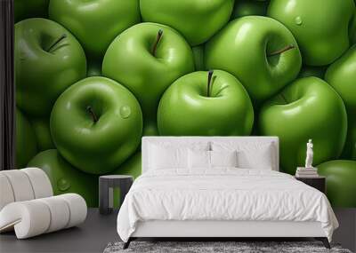 green apples that are very close together. The apples are shiny and vibrant. Wall mural