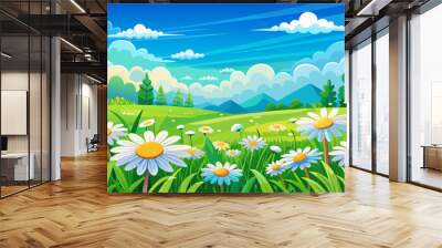 Green summer scene with white flowers. Wall mural