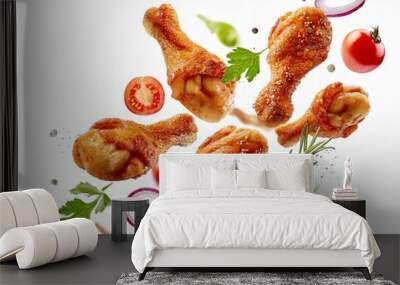 Spicy grilled Chicken baguettes flying in the air isolated on white background Wall mural