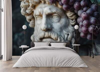  a close up of a statue of a man with a bunch of grapes on his head and a bunch of grapes on his head on top of a marble statue. Wall mural