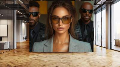 A Brazilian businesswoman stands confidently in sunglasses, flanked by serious bodyguards in protective clothing, creating an intense atmosphere. Wall mural