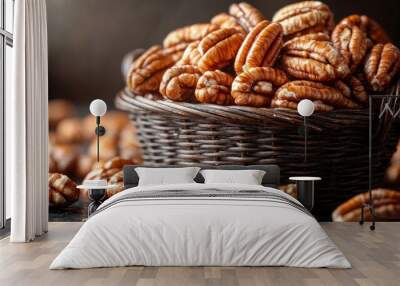 A closeup of a basket filled with freshly picked pecans, showcasing their rich, nutty texture and color. Wall mural