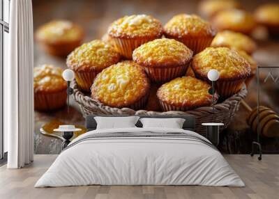 A closeup of freshly baked cornbread muffins in a woven basket, drizzled with honey, perfect for breakfast. Wall mural