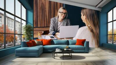 A female professional sitting at a desk in an office is interviewing a candidate for a position. Wall mural