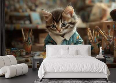 A kitten in a painter’s smock creates art on canvas in a vibrant, cluttered art studio. Wall mural