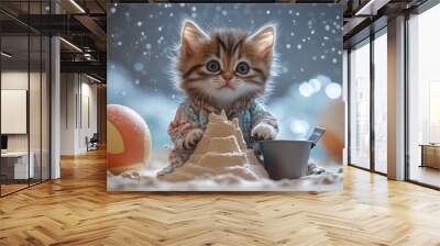 A playful kitten in a beach outfit joyfully building a sandcastle with a bucket and spade near colorful beach balls. Wall mural