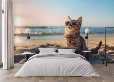 cat wearing sunglasses sitting in the sand on the beach in evening on sunset.  Wall mural