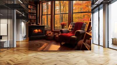 cosy living room interior in autumn.  Wall mural