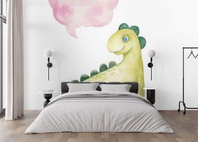 cute green small dinosaur smiling and thought icon, cloud, childrens illustration watercolor Wall mural