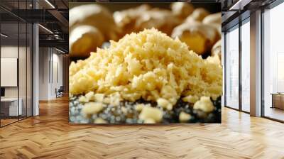 Finely grated ginger sits on a kitchen counter, surrounded by fresh ginger roots. Wall mural