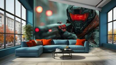 futuristic soldier in a helmet and a gun on the street.  Wall mural