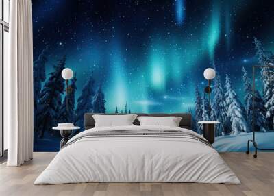 landscape with forest at winter with northern lights.  Wall mural