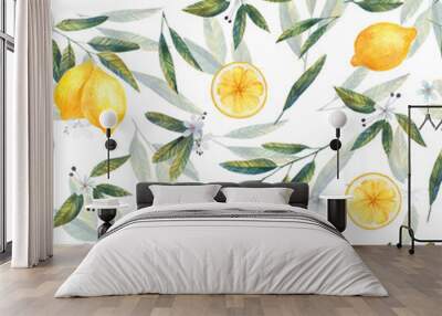 lemon seamless watercolor pattern, botanical Wall mural