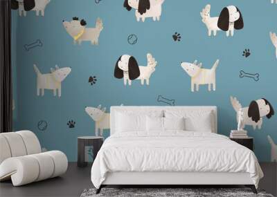 Little funny puppy and dog toys. Seamless flat pattern. Simple c Wall mural