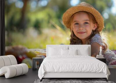 little girl in a straw hat having a picnic in the green summer park. Wall mural