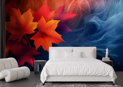 orange and red maple leaves and blue smoke.  Wall mural