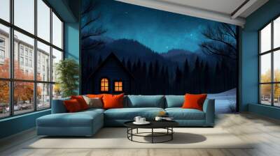 rural winter landscape at night with small cottage house and forest in the background.  Wall mural