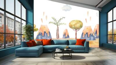 seamless border pattern with volcanoes, trees, jungle, childrens illustration in watercolor Wall mural