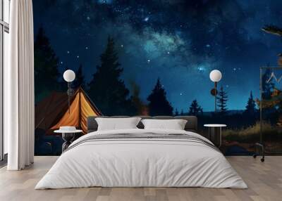 tent and campfire in the woods on a summer night with a stars in the sky.  Wall mural