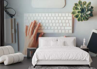 Top view of the workplace, elegant female hands on the keyboard of a personal computer in the office or at home, suitable for both freelancing and office content. Business lady prints  Wall mural