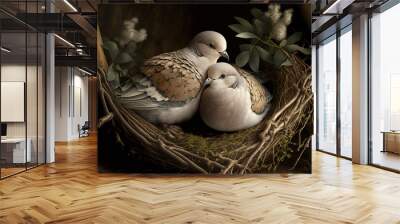 two doves in the nest. Generative AI picture. Wall mural