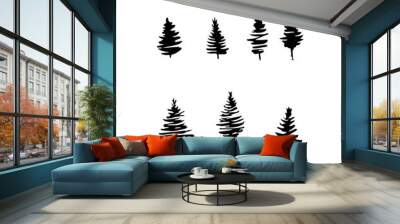 Fire tree black silhouettes, set isolated on white. Wall mural