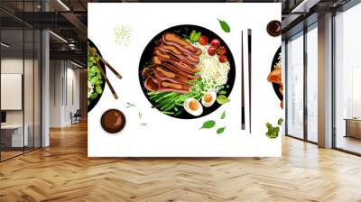 Plates with food top view,Salmon,vegetables,rice,steak with rice eggs and asparagus.Chicken rice,avocado.Set of bowls,cartoon style,white background.Healthy food.Asian cuisine.Vector illustration Wall mural