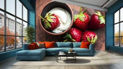 fresh strawberry with whipping cream on a dark plate Wall mural