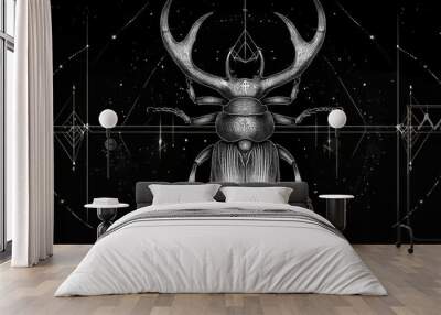 Hand-drawn stag beetle with sacred geometric symbols on a black background, perfect for mystical designs. Wall mural