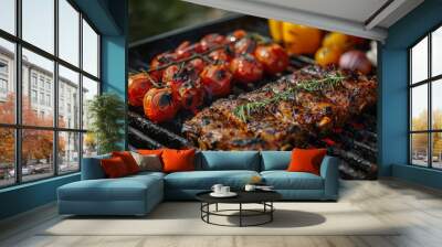 A detailed view of a grill with assorted meat and vegetables sizzling and grilling to perfection Wall mural