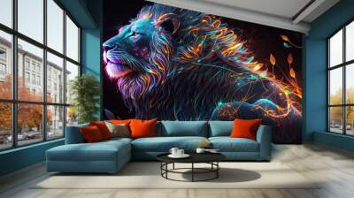 Abstract neon light Lion, artwork design, digital art, wallpaper, glowing, space background. Generative ai Wall mural