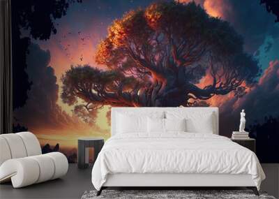 Beautiful scence of big tree with leaves at sunset sky with clouds. Generative AI Wall mural