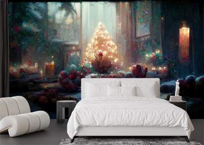 Christmas aesthetic. Digital illustration. Painting. Beautiful scenario. Generative AI Wall mural