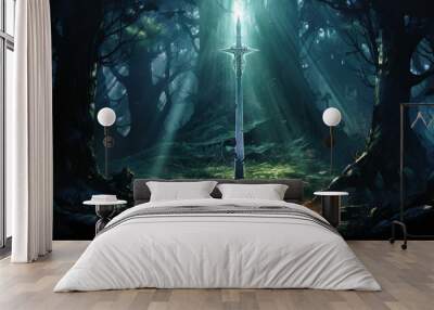 Excalibur Sword In The Stone With Light Rays In a Dark Forest. Generative AI Wall mural