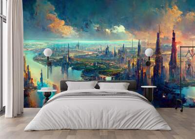 Fantasy science fiction city. Digital painting. Fictional abstract realm. Futuristic concept art. Colorful artistic landscape. Generative AI Wall mural